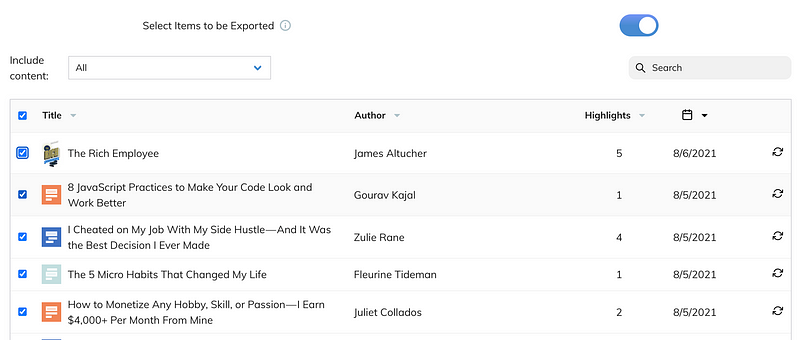 Select Items to be Exported in Readwise Settings