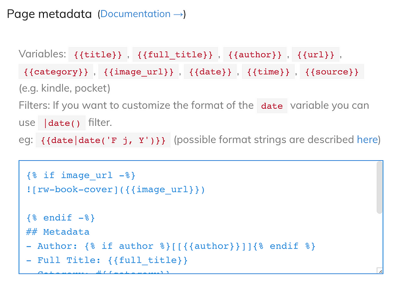 Page Metadata section of customize output section