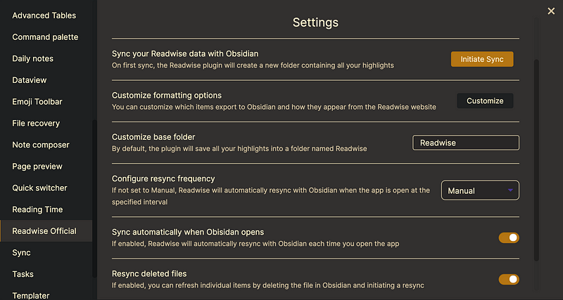 Readwise Plugin Settings