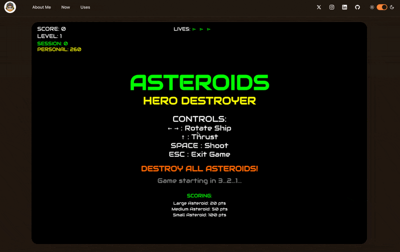 The finished Asteroids game running in the browser, showing the classic vector-style graphics, HUD with score tracking, and authentic 80s arcade feel
