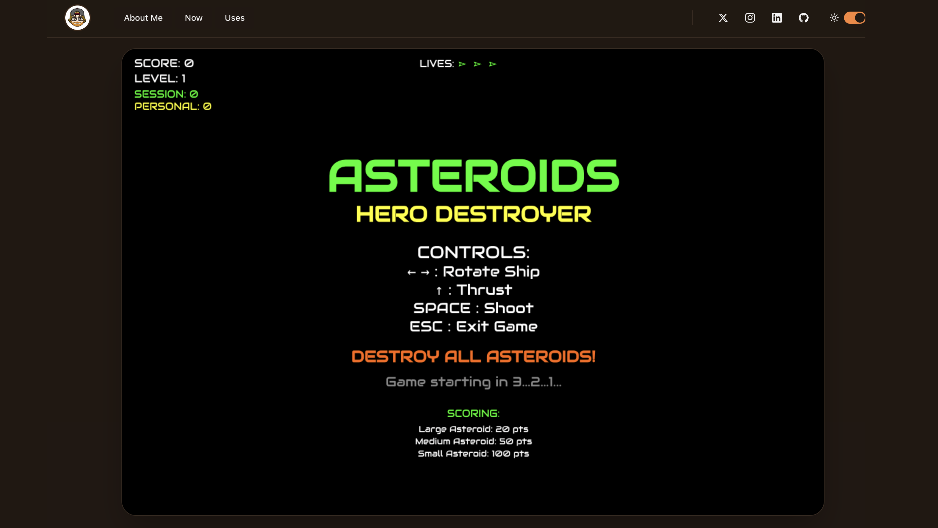 The retro splash screen showing ASTEROIDS HERO DESTROYER title, game controls, and classic arcade scoring information