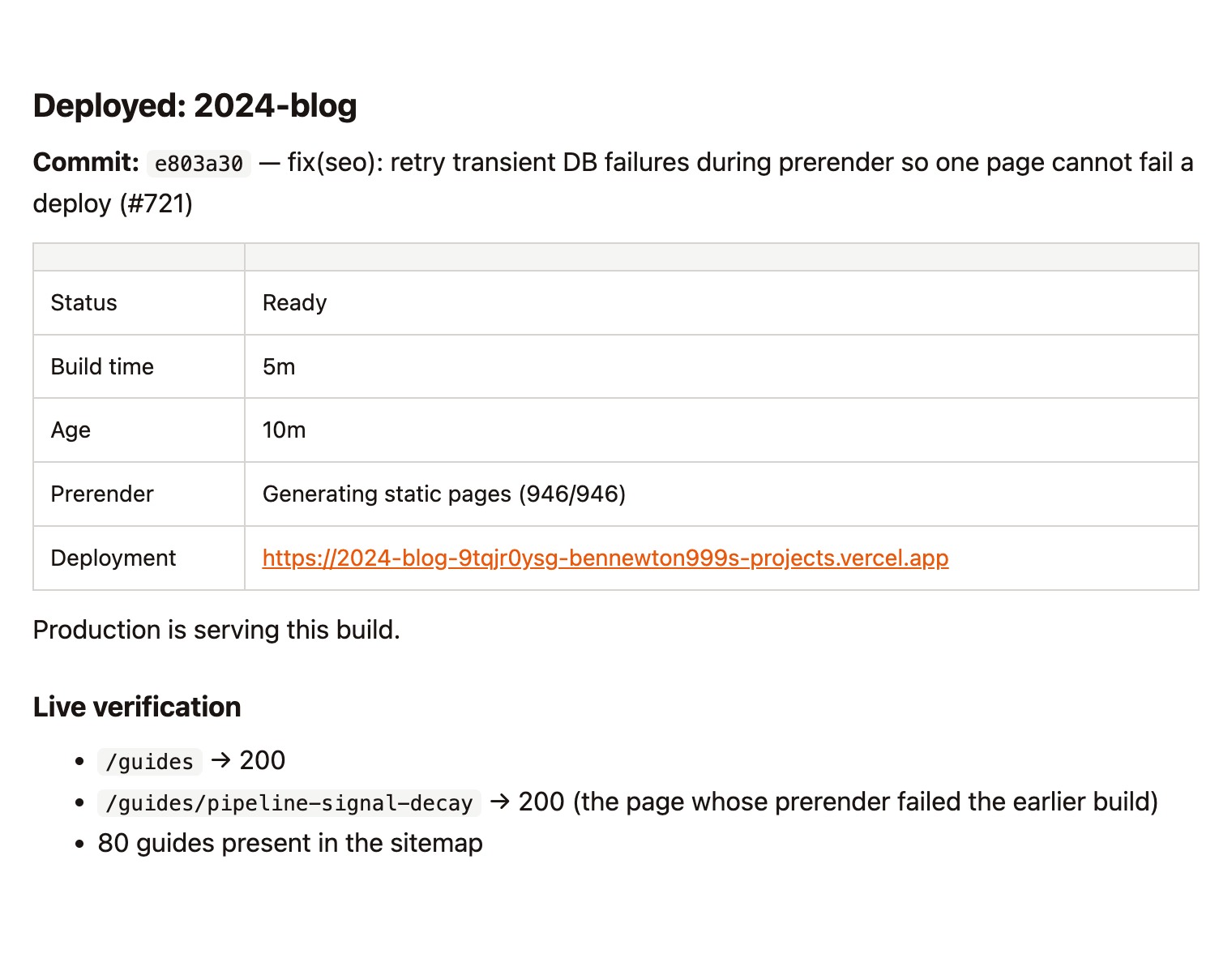 A successful deploy email. It shows the commit, status Ready, a five minute build, 946 of 946 pages prerendered, the deployment URL, and three live checks confirming the guides pages return 200.