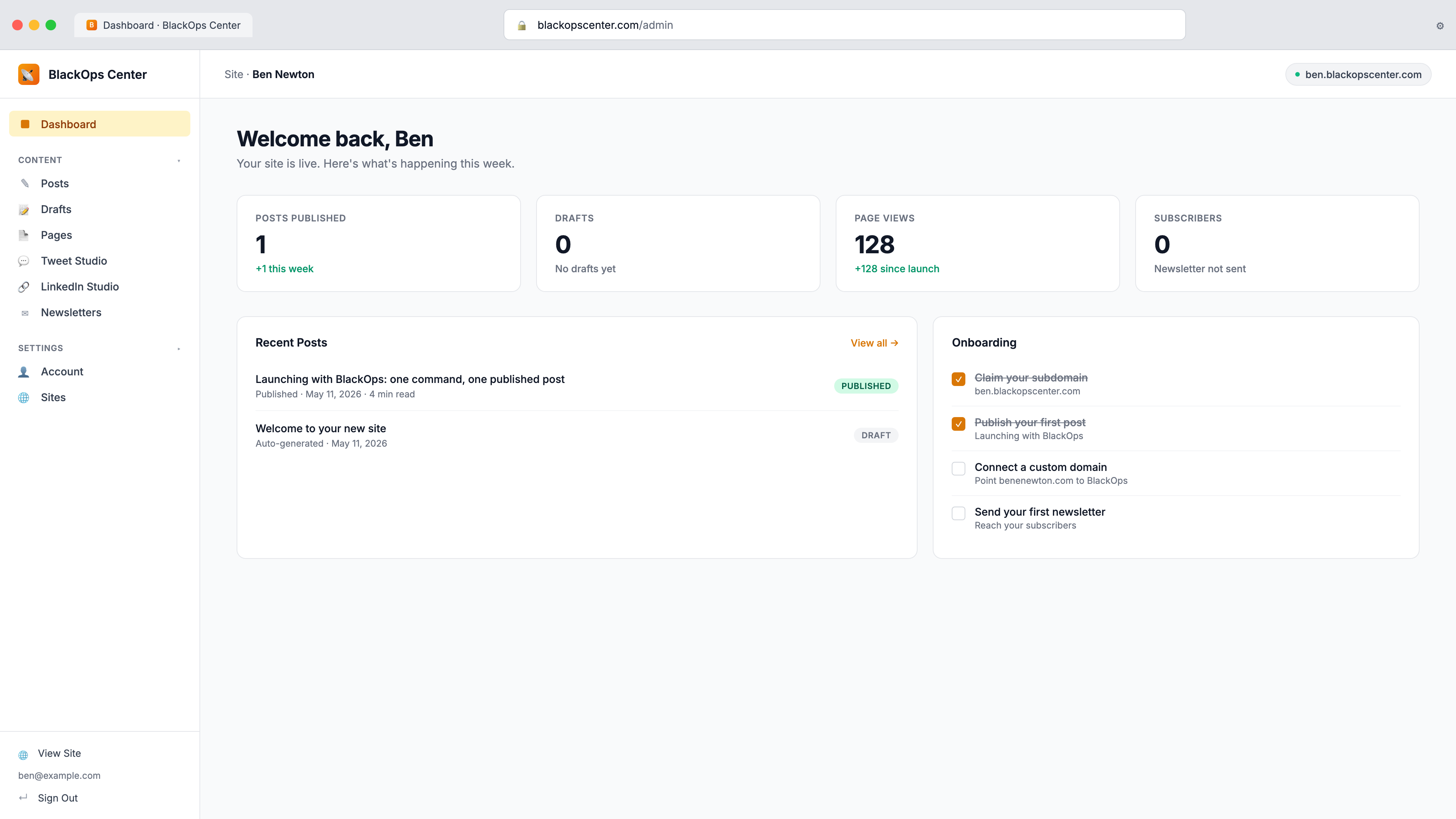 The dashboard you land on after clicking the magic link. Starter trial, 3000 credits, your post already in the list