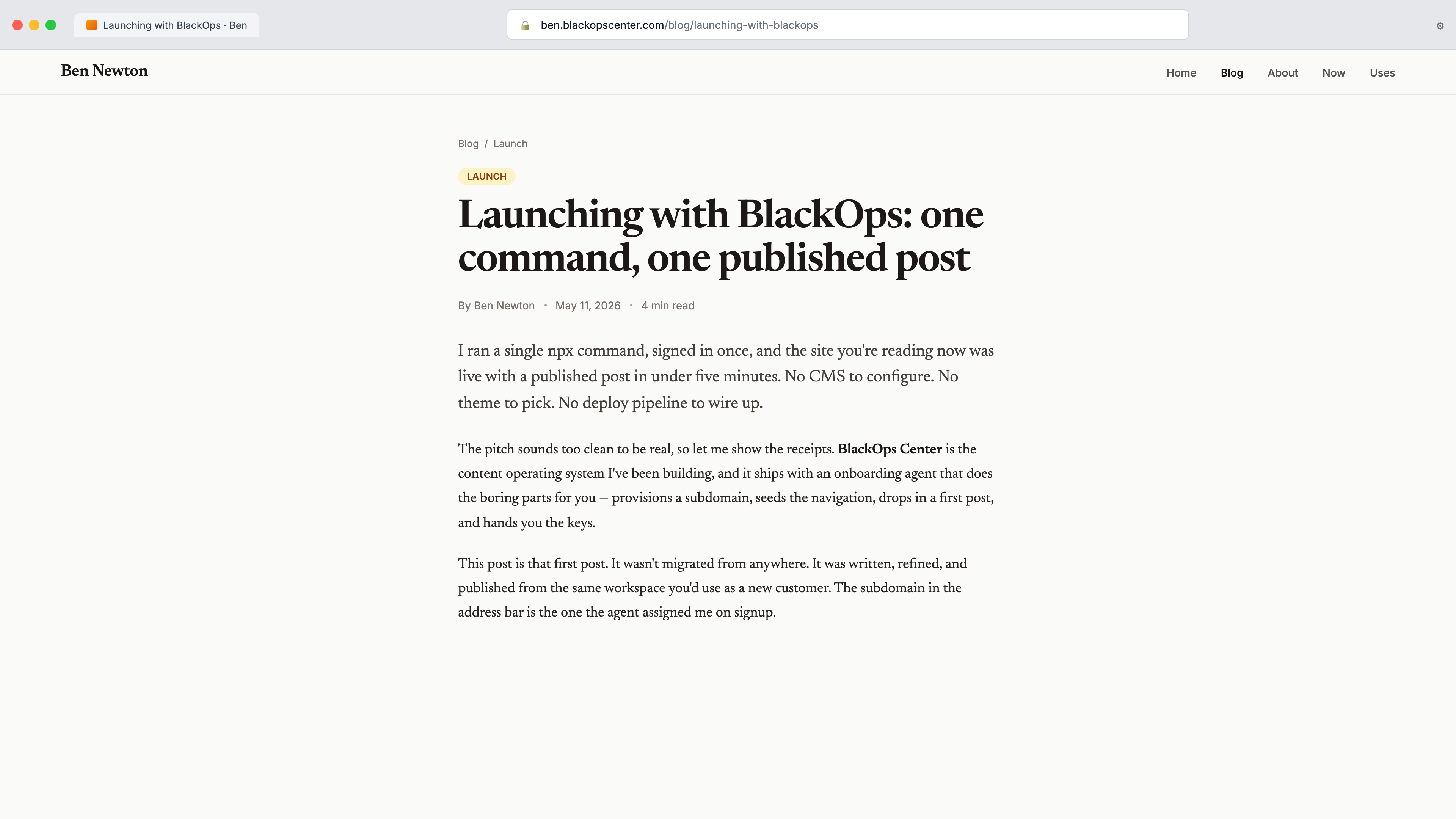 The freshly published post on your own subdomain, minutes after running npx blackops-onboard